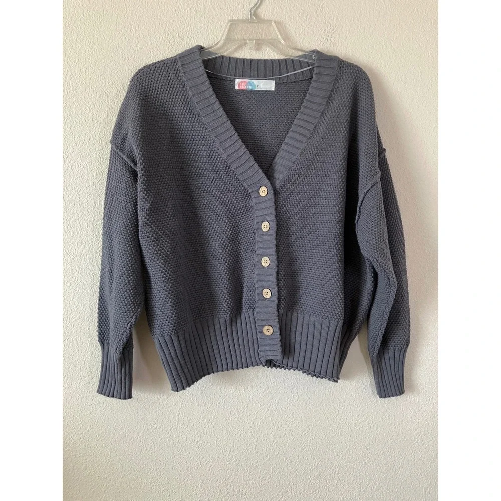 FREE PEOPLE Hailee Waffle Cardigan L Slouchy Oversized Sweater Loungewear Grey
